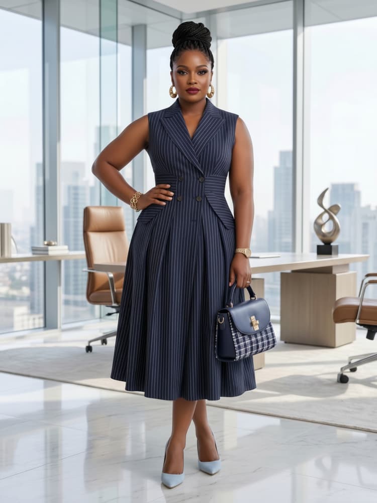 Women Formal Office Wear Tops - Abito Midi Senza Maniche con Colletto